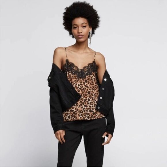 Zara Trafaluc leopard print front neckline eyelash lace super stretch cami/tank. - Picture 2 of 7